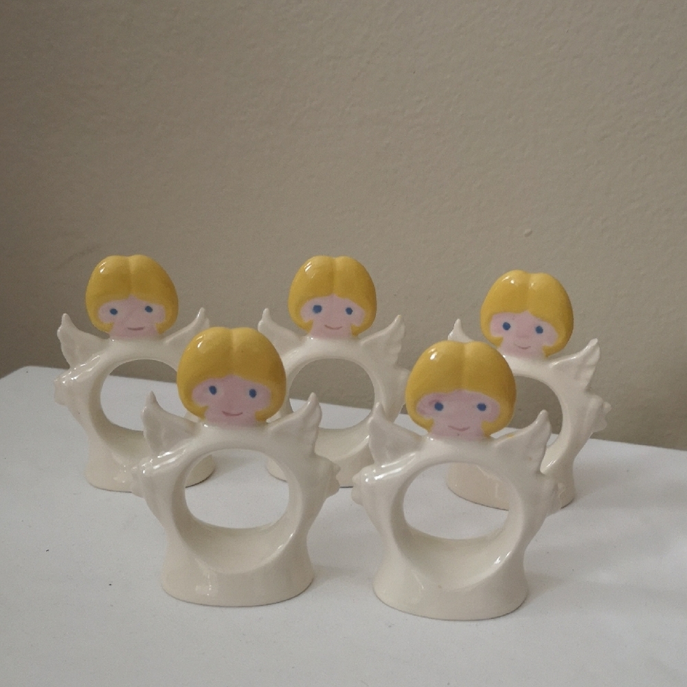 Charming & Adorable Ceramic Blonde & Blue Eye Angel Napkin Rings - Set of 5